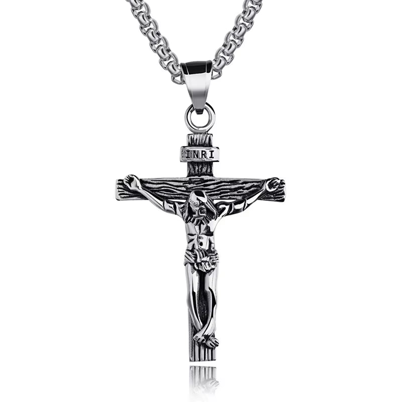 Religious Jesus Cross Stainless Steel Necklace for Men Fashion Gold Silver Color Cross Pendent with Chain Necklace Jewelry Gift