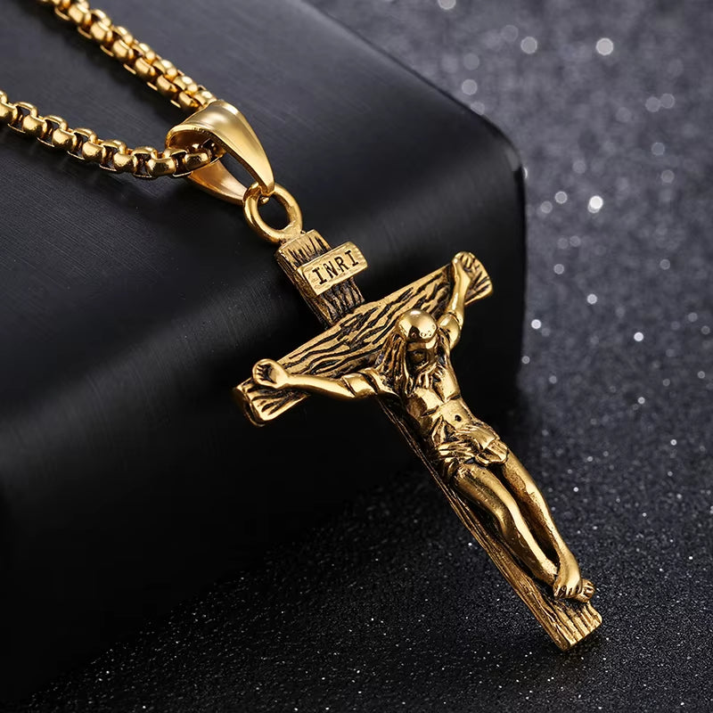 Religious Jesus Cross Stainless Steel Necklace for Men Fashion Gold Silver Color Cross Pendent with Chain Necklace Jewelry Gift