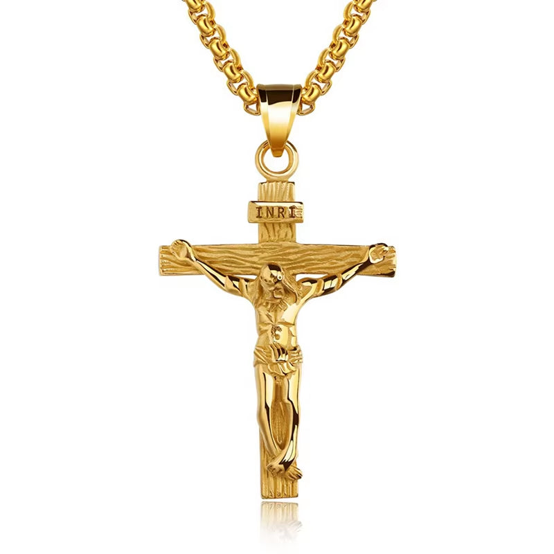 Religious Jesus Cross Stainless Steel Necklace for Men Fashion Gold Silver Color Cross Pendent with Chain Necklace Jewelry Gift