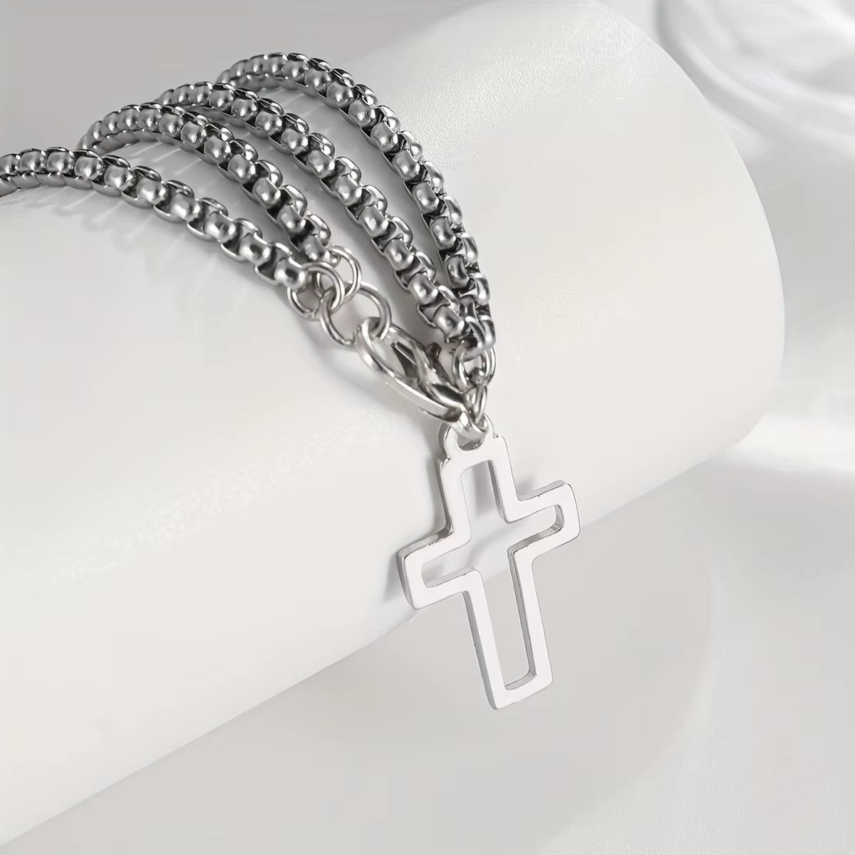 Men'S Fashion Double Chain Cross Hollow Wrist Bracelet Lobster Claw Buckle Stainless Steel Bracelet Hip Hop Punk Party Jewelry