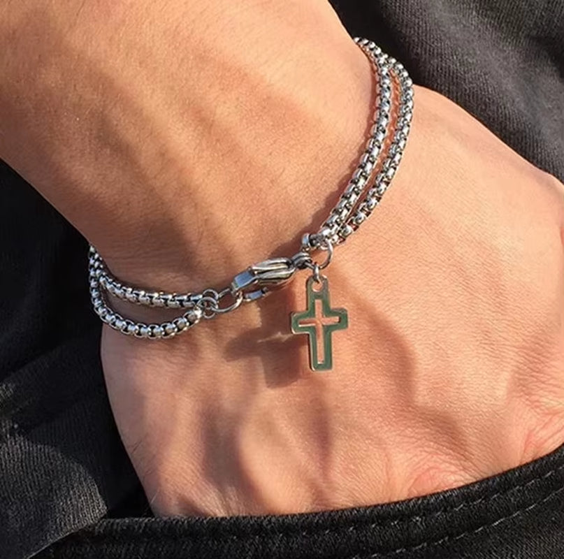 Men'S Fashion Double Chain Cross Hollow Wrist Bracelet Lobster Claw Buckle Stainless Steel Bracelet Hip Hop Punk Party Jewelry
